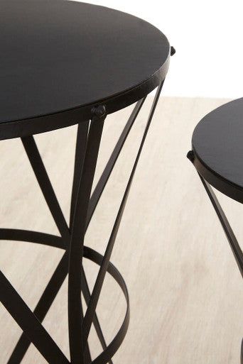 Set of 2 Black Round Metal Top Nesting Side Tables with Cross Lattice Frame