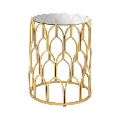 Gold Leaf Geometric Iron Side Table with Tempered Glass Top