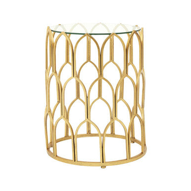 Gold Leaf Geometric Iron Side Table with Tempered Glass Top