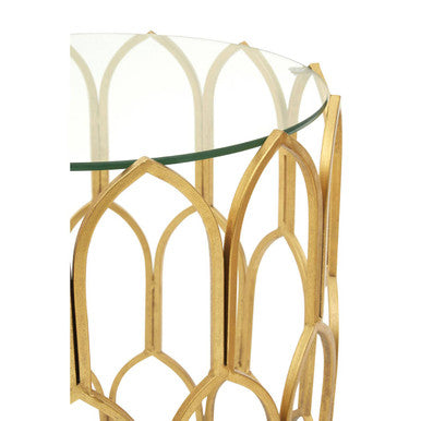 Gold Leaf Geometric Iron Side Table with Tempered Glass Top