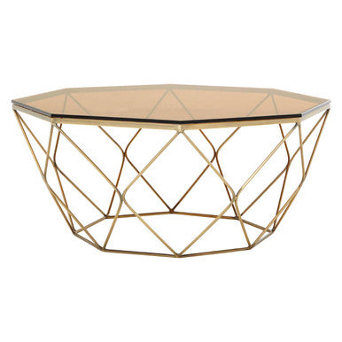 Brown Brushed Bronze Diamond Base Coffee Table with Amber Glass Top