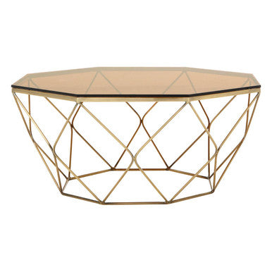 Brown Brushed Bronze Diamond Base Coffee Table with Amber Glass Top