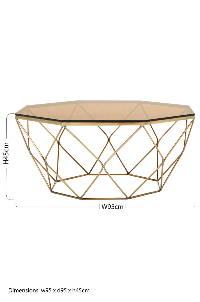 Brown Brushed Bronze Diamond Base Coffee Table with Amber Glass Top