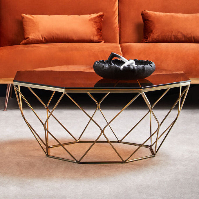 Brown Brushed Bronze Diamond Base Coffee Table with Amber Glass Top