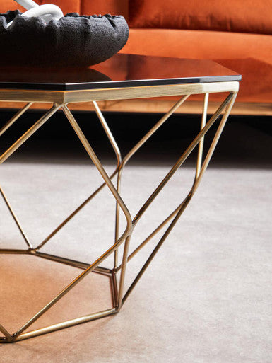 Brown Brushed Bronze Diamond Base Coffee Table with Amber Glass Top
