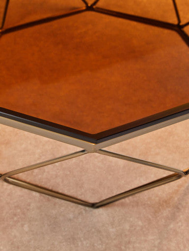Brown Brushed Bronze Diamond Base Coffee Table with Amber Glass Top