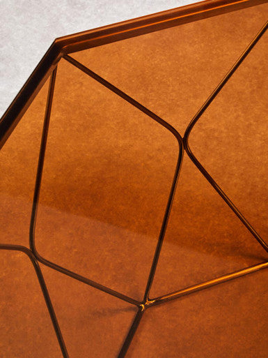 Brown Brushed Bronze Diamond Base Coffee Table with Amber Glass Top