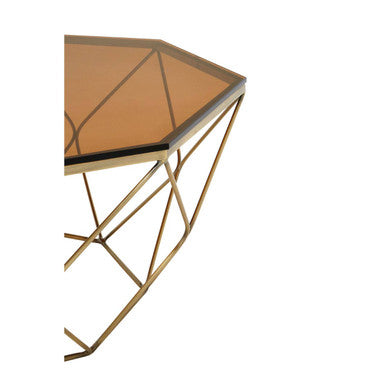 Brown Brushed Bronze Diamond Base Coffee Table with Amber Glass Top