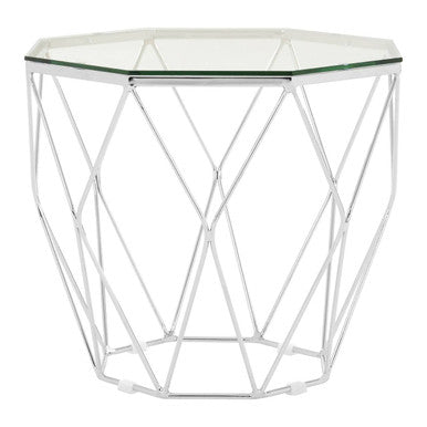 Tempered Glass Hexagon End Table with Silver Geometric Base