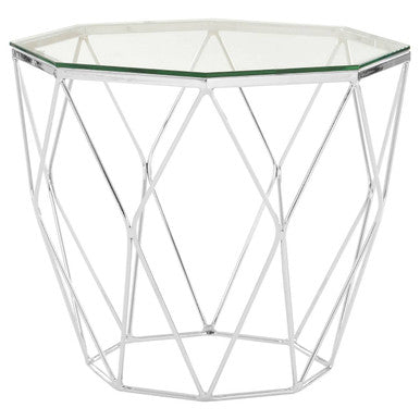 Tempered Glass Hexagon End Table with Silver Geometric Base
