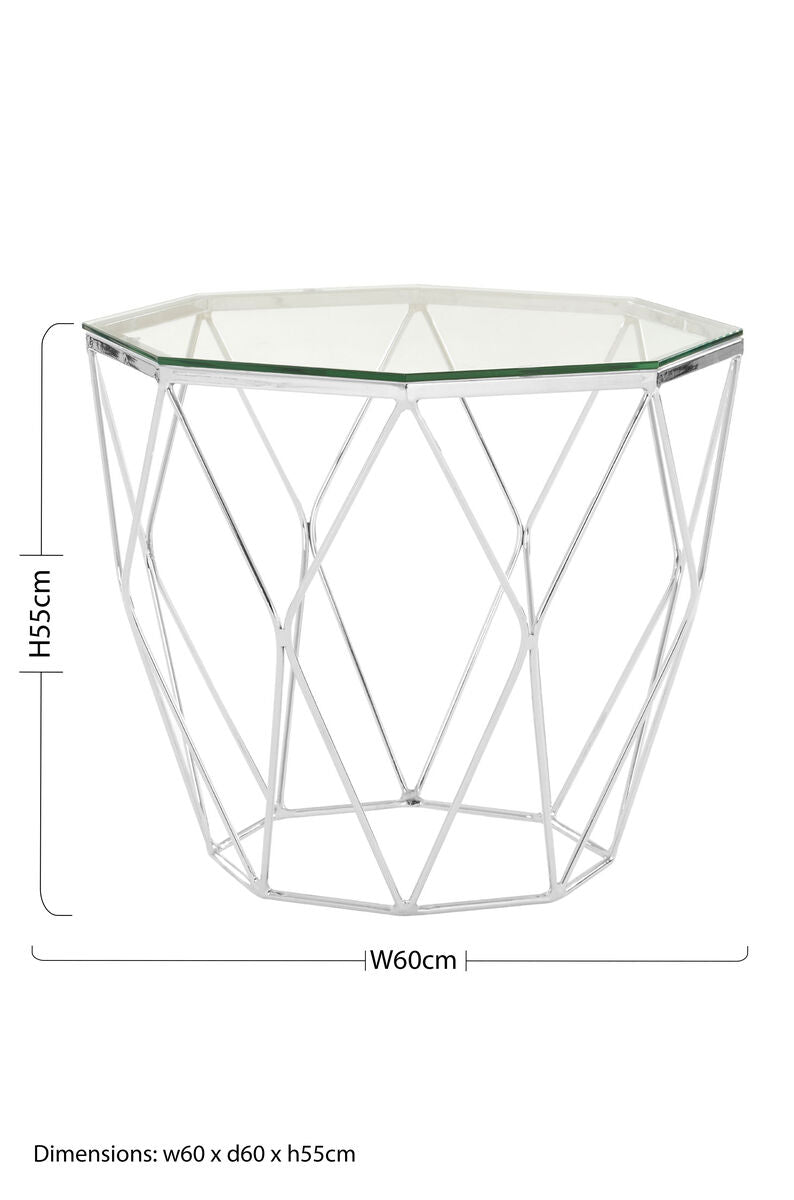 Tempered Glass Hexagon End Table with Silver Geometric Base