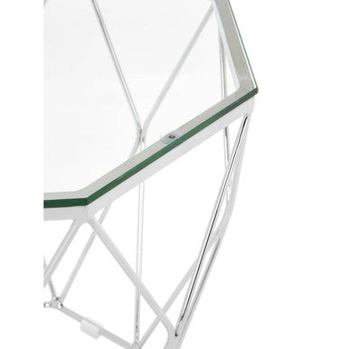 Tempered Glass Hexagon End Table with Silver Geometric Base
