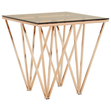 Amber Glass Top End Table with Rose Gold Prismatic Legs