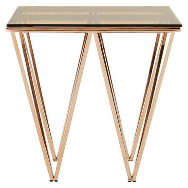 Amber Glass Top End Table with Rose Gold Prismatic Legs