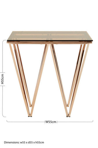 Amber Glass Top End Table with Rose Gold Prismatic Legs