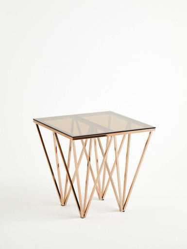 Amber Glass Top End Table with Rose Gold Prismatic Legs