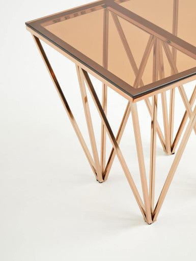 Amber Glass Top End Table with Rose Gold Prismatic Legs