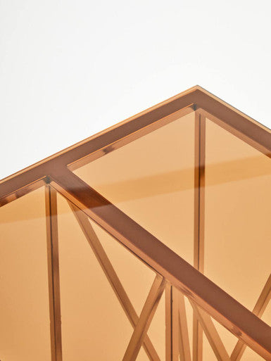 Amber Glass Top End Table with Rose Gold Prismatic Legs