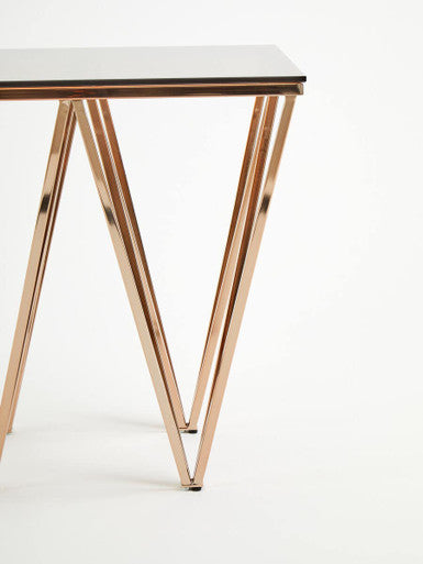 Amber Glass Top End Table with Rose Gold Prismatic Legs