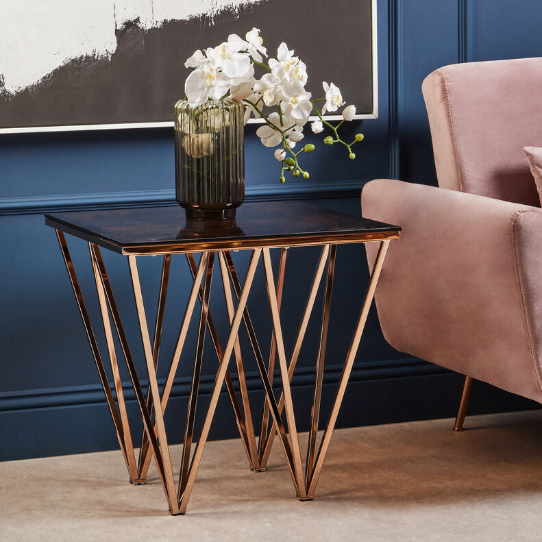 Amber Glass Top End Table with Rose Gold Prismatic Legs