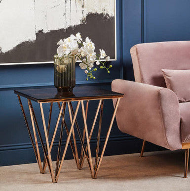 Amber Glass Top End Table with Rose Gold Prismatic Legs