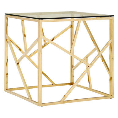 Champagne Gold Geometric End Table with Glass Top