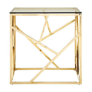 Champagne Gold Geometric End Table with Glass Top