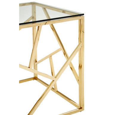Champagne Gold Geometric End Table with Glass Top