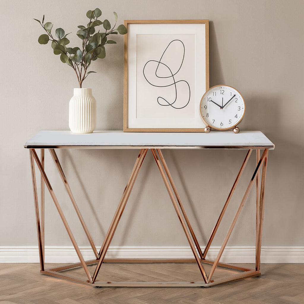 White Marble Rectangular Console Table with Champagne Gold Frame