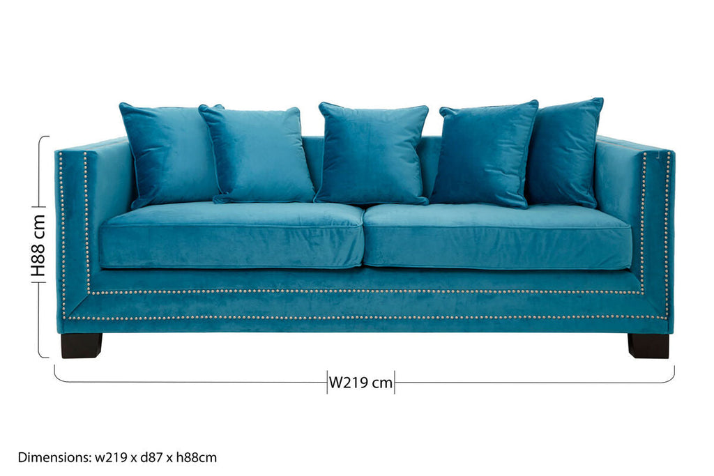 3 Seater Cyan Blue Velvet Sofa Sofia