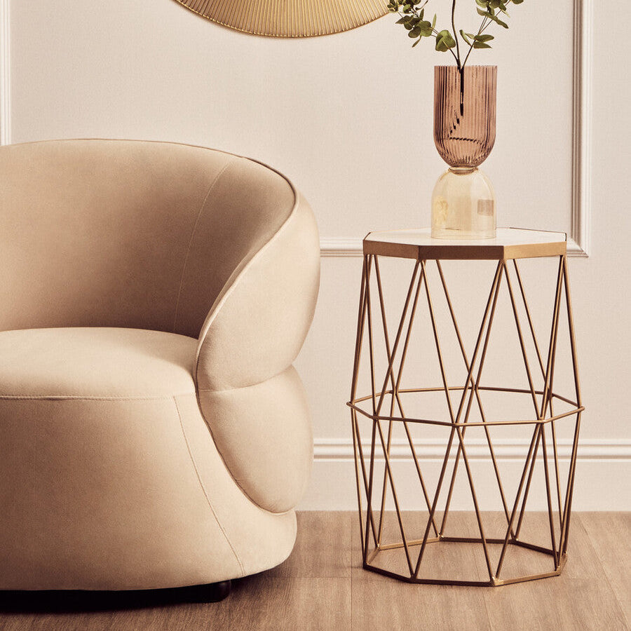 White Marble Octagonal Side Table with Gold Metal Frame