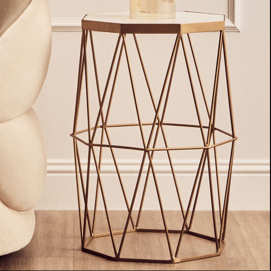White Marble Octagonal Side Table with Gold Metal Frame