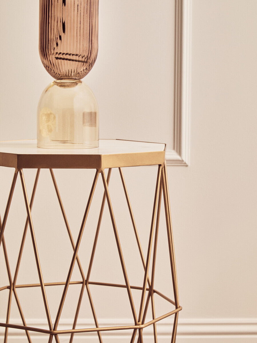 White Marble Octagonal Side Table with Gold Metal Frame