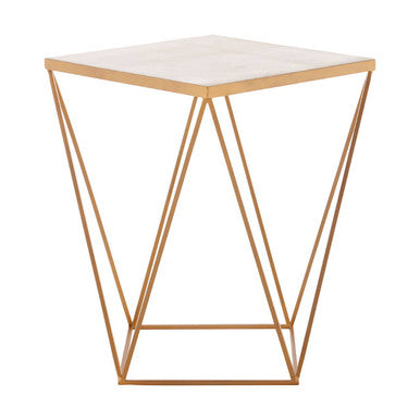Natural Round Marble Top Side Table with Geometric Gold Base