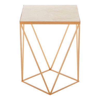 Natural Round Marble Top Side Table with Geometric Gold Base