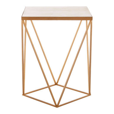 Natural Round Marble Top Side Table with Geometric Gold Base