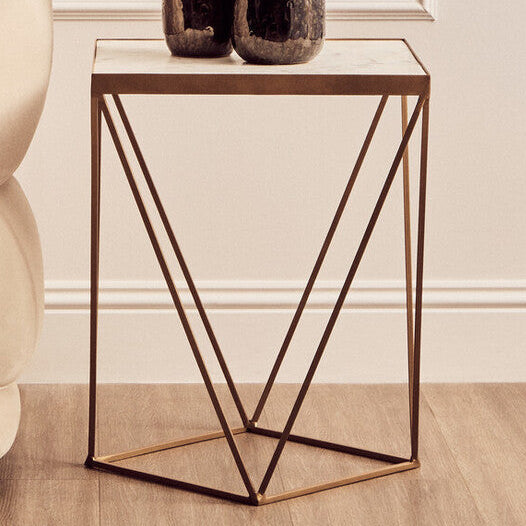 Natural Round Marble Top Side Table with Geometric Gold Base