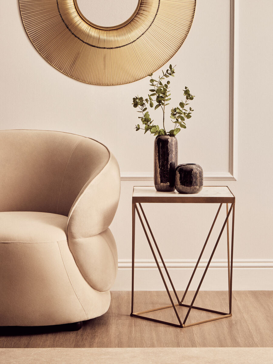 Natural Round Marble Top Side Table with Geometric Gold Base