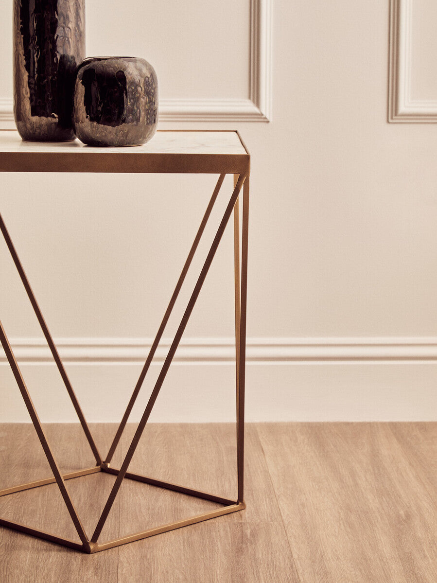 Natural Round Marble Top Side Table with Geometric Gold Base
