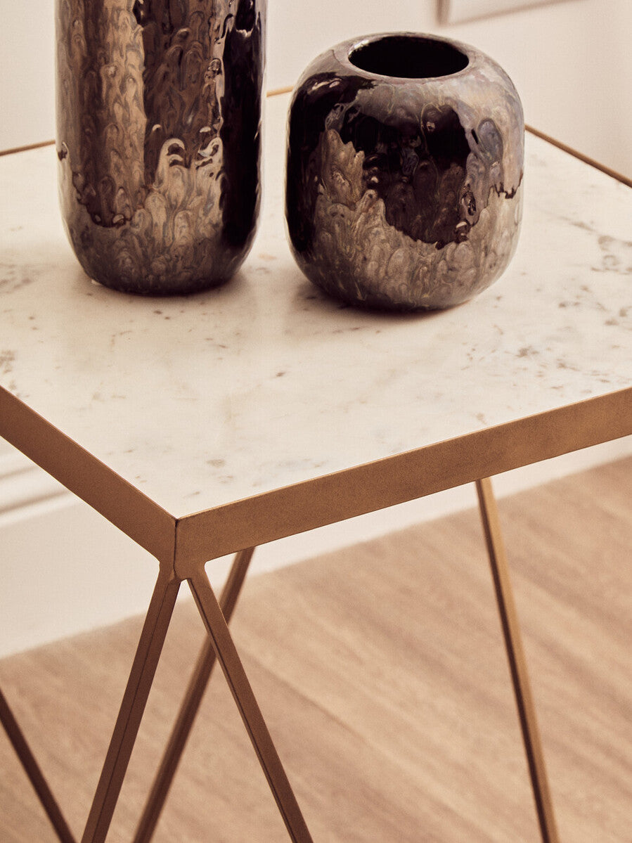 Natural Round Marble Top Side Table with Geometric Gold Base
