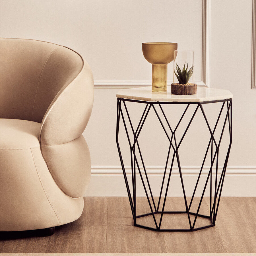 Natural White Octagon Marble Top Side Table with Matte Black Steel Legs