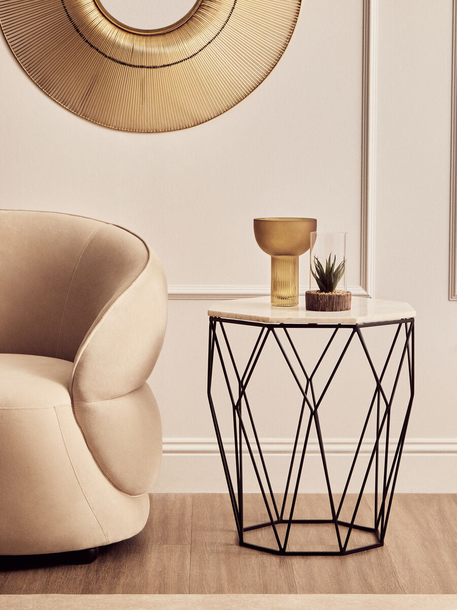 Natural White Octagon Marble Top Side Table with Matte Black Steel Legs