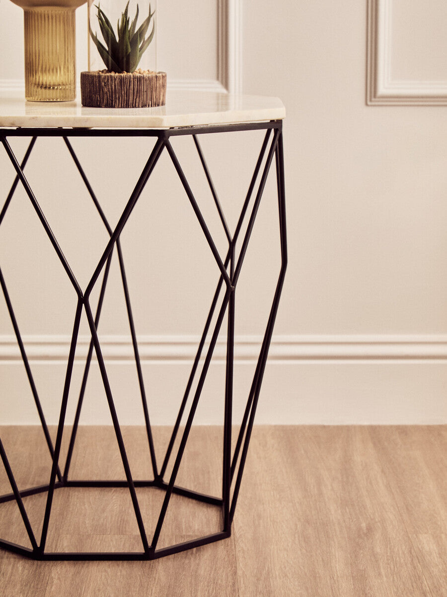 Natural White Octagon Marble Top Side Table with Matte Black Steel Legs