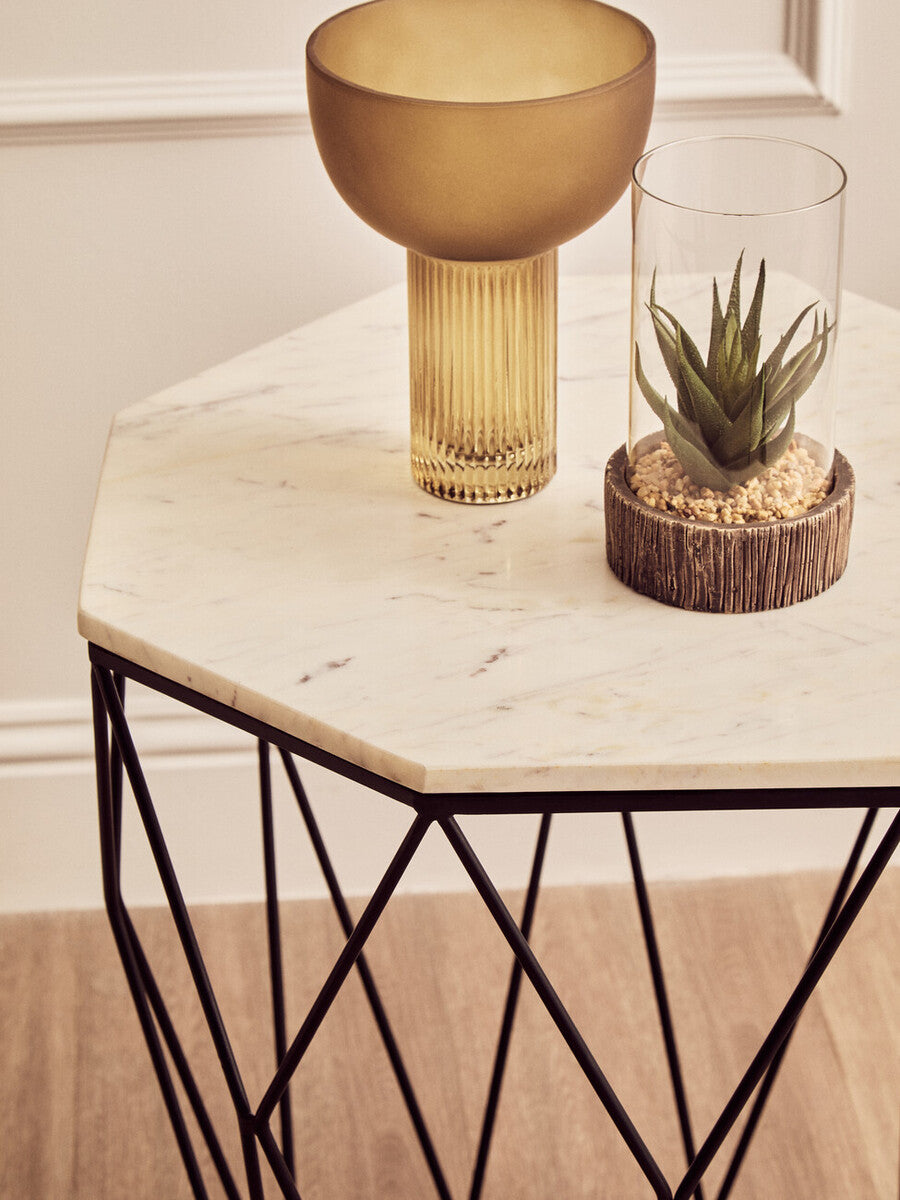 Natural White Octagon Marble Top Side Table with Matte Black Steel Legs