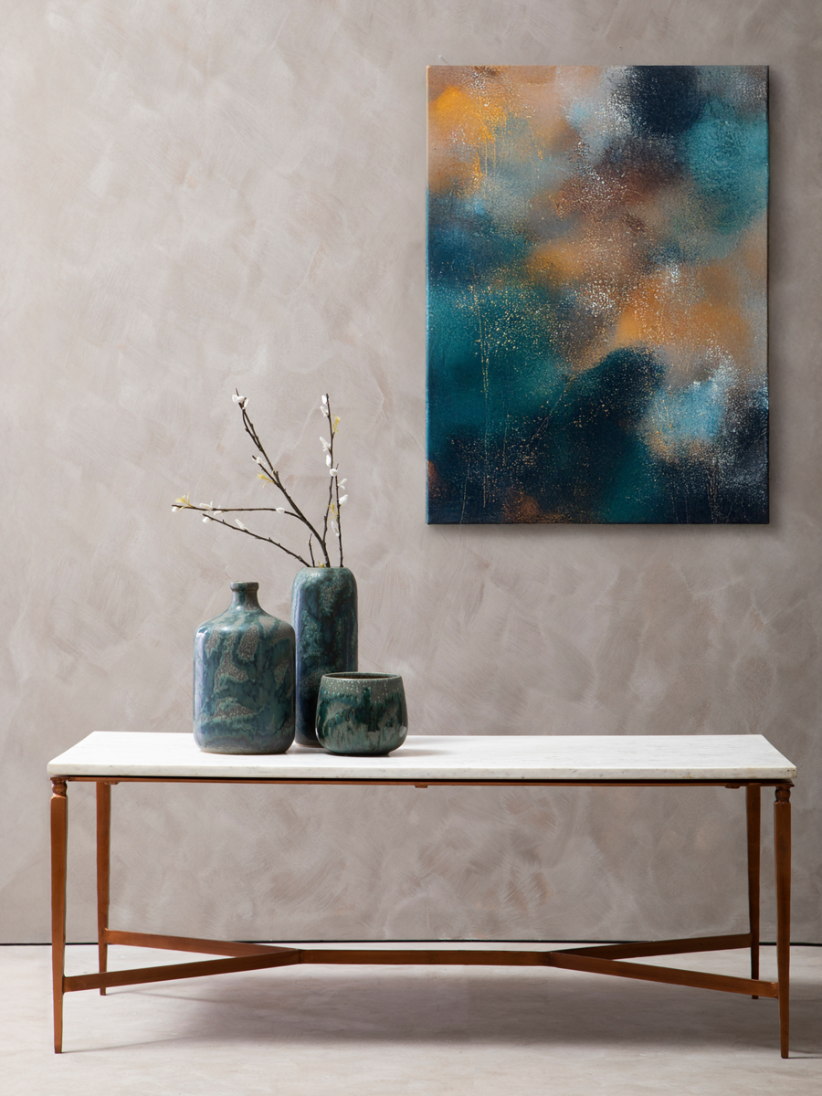 White Marble Top Coffee Table with Copper Iron Legs