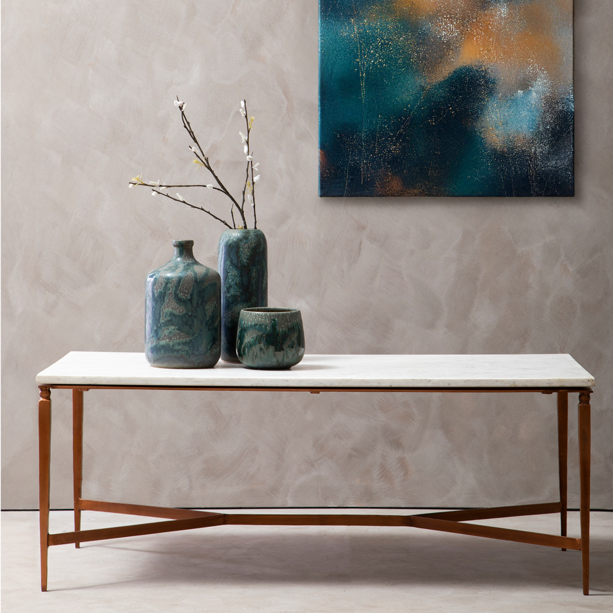 White Marble Top Coffee Table with Copper Iron Legs