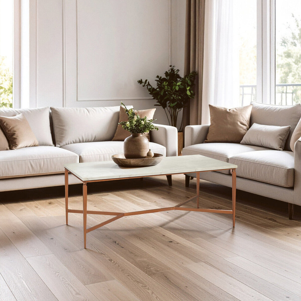 White Marble Top Coffee Table with Copper Iron Legs