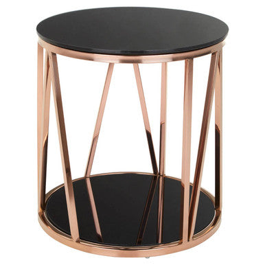 Black Round Glass Side Table with Rose Gold Base