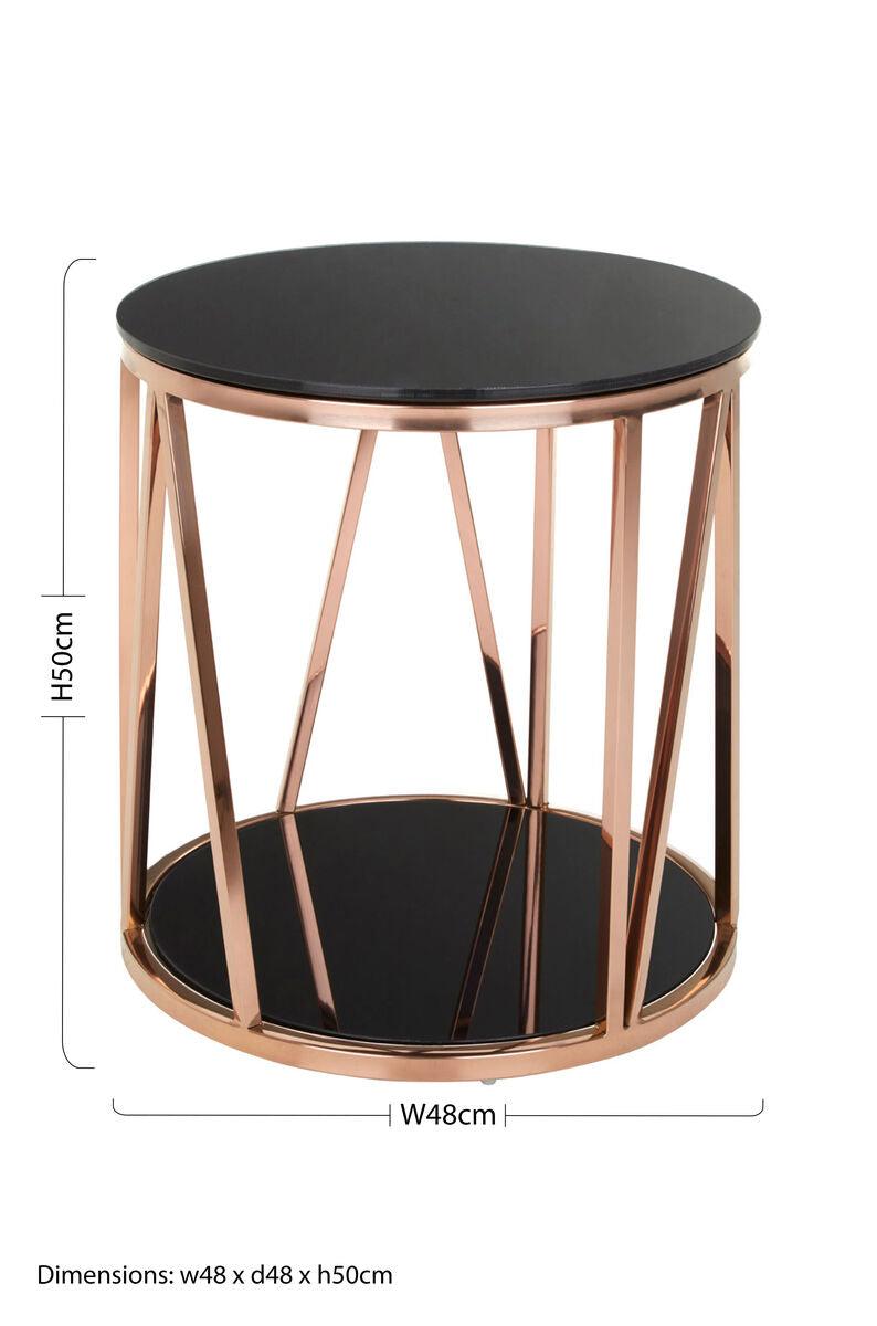 Black Round Glass Side Table with Rose Gold Base
