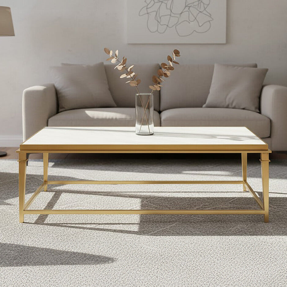 Rectangular White Marble Coffee Table with Warm Gold Frame